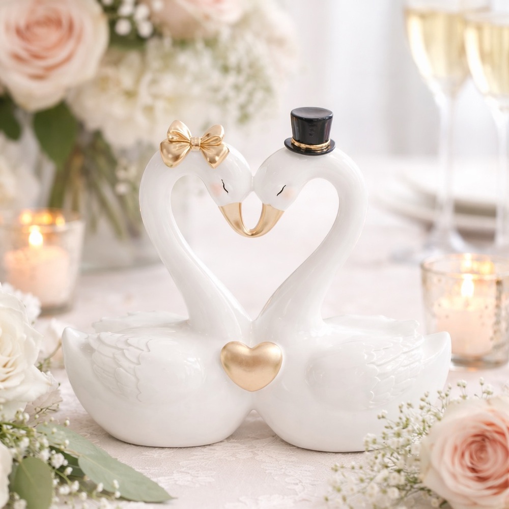 Cupcakes and Cashmere Elegant Bride & Groom Swan Figurine 10.25” Gold Accents
